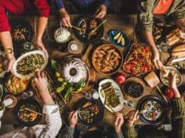 Traditional Turkish family gathering or celebration dinner with typical food