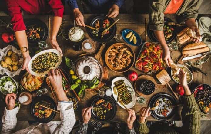 Traditional Turkish family gathering or celebration dinner with typical food